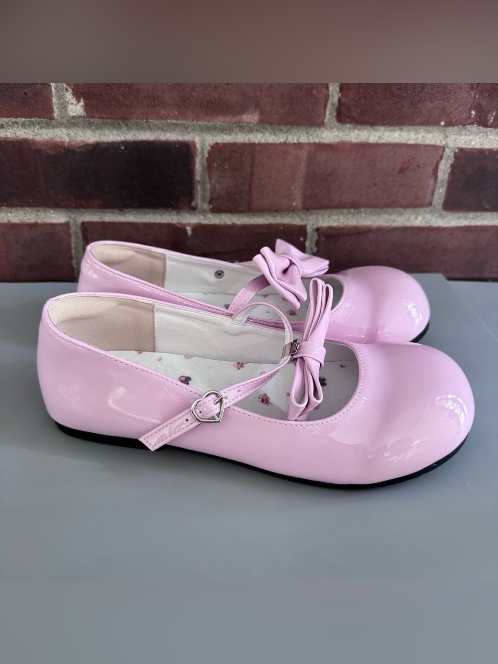 Pink Lolita Cosplay Mary Jane Flats Bow Heart Buckle Patent Shoes Women US 9